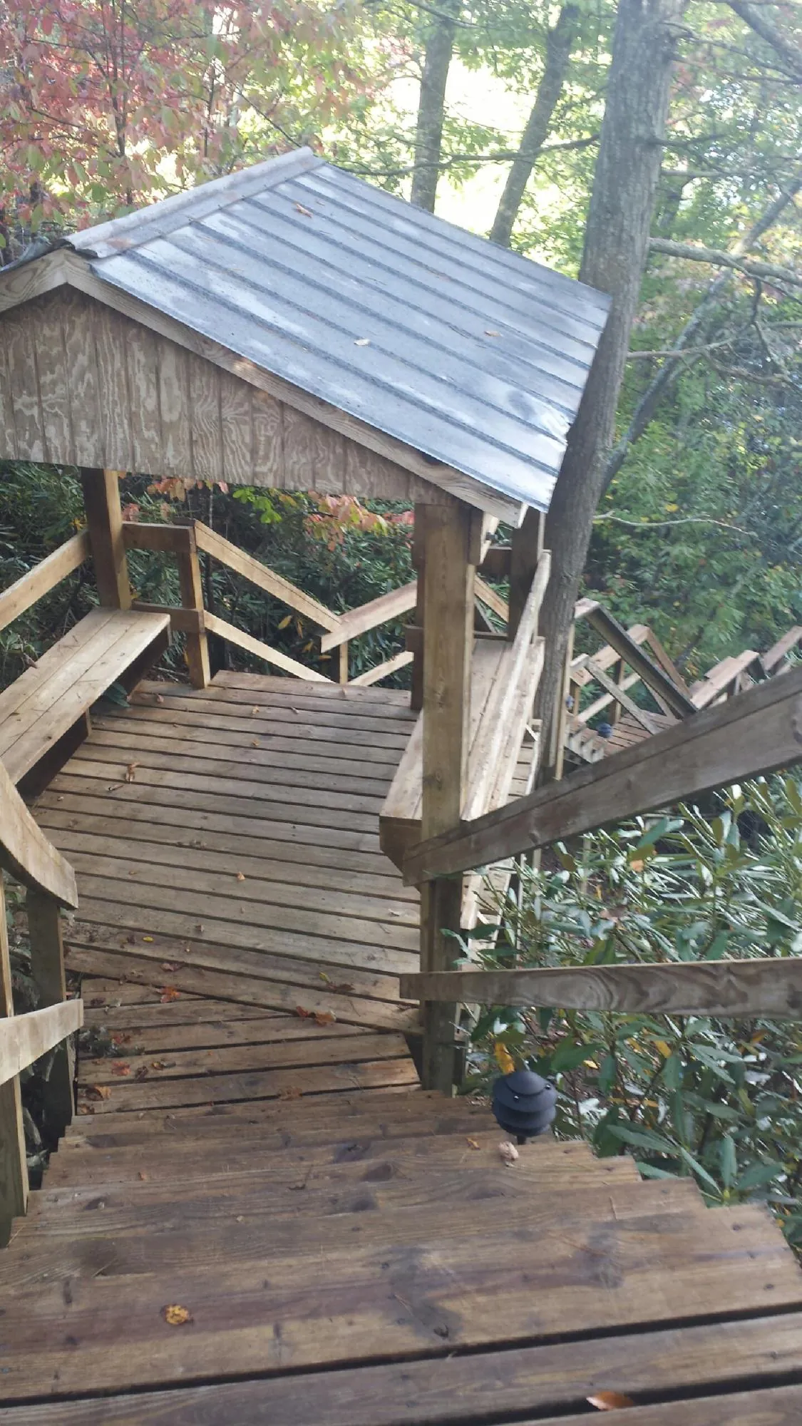 Metal roofed shelter over wooden steps on a wooded walkway — Skylight Repair & Installation work by our crew in Logsden